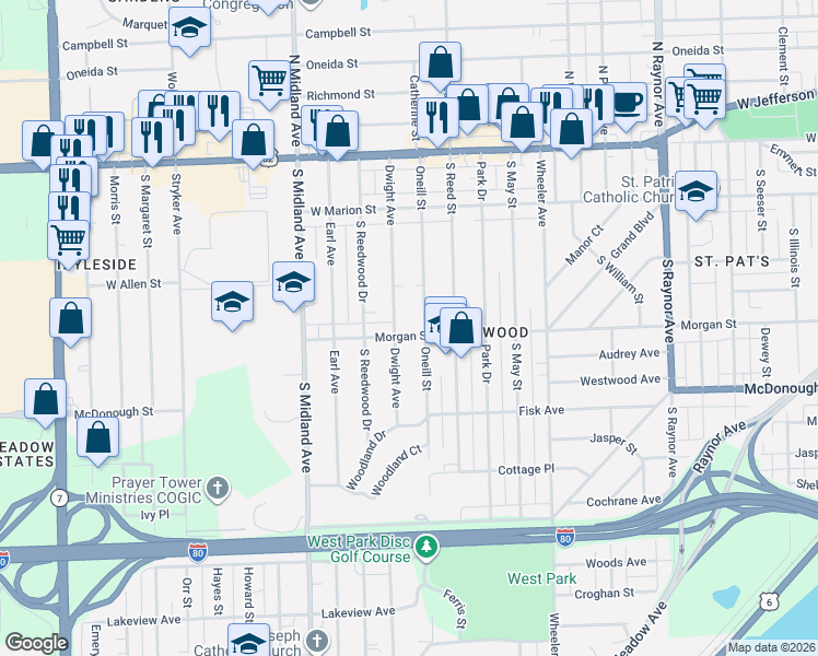 map of restaurants, bars, coffee shops, grocery stores, and more near 217 Dwight Avenue in Joliet