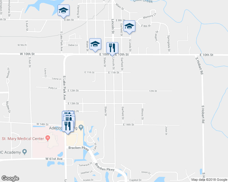 map of restaurants, bars, coffee shops, grocery stores, and more near 599 East 12th Street in Hobart