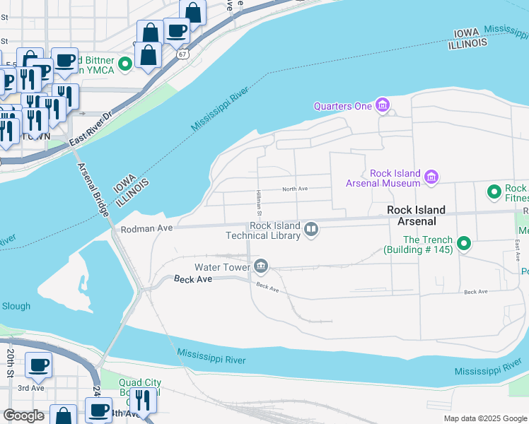 map of restaurants, bars, coffee shops, grocery stores, and more near 205 Rodman Avenue in Rock Island