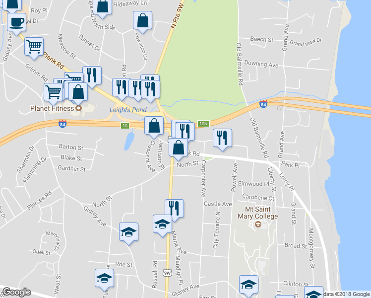 map of restaurants, bars, coffee shops, grocery stores, and more near 30 Plank Road in Newburgh