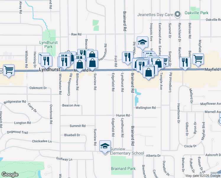 map of restaurants, bars, coffee shops, grocery stores, and more near 1520 Edgefield Road in Lyndhurst