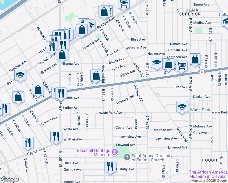 map of restaurants, bars, coffee shops, grocery stores, and more near 1323 East 66th Street in Cleveland