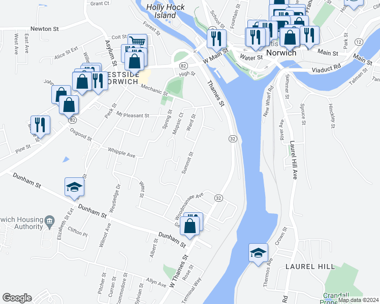 map of restaurants, bars, coffee shops, grocery stores, and more near 137 Summit Street in Norwich