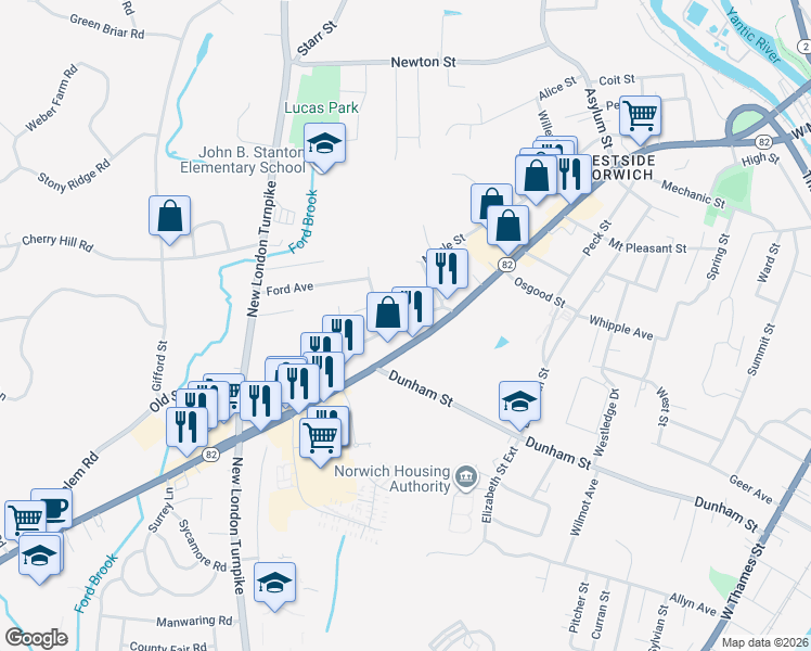 map of restaurants, bars, coffee shops, grocery stores, and more near 7 Pine Street in Norwich
