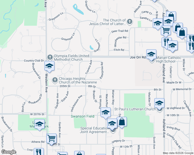 map of restaurants, bars, coffee shops, grocery stores, and more near 578 Yorktown Road in Chicago Heights