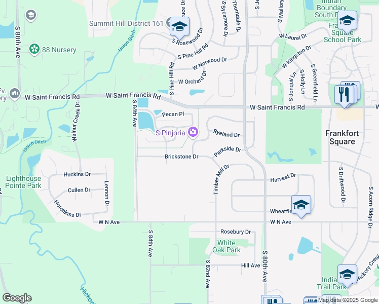 map of restaurants, bars, coffee shops, grocery stores, and more near 8160 Old Mill Road in Frankfort