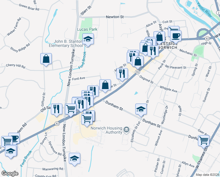 map of restaurants, bars, coffee shops, grocery stores, and more near 7 Pine Street in Norwich