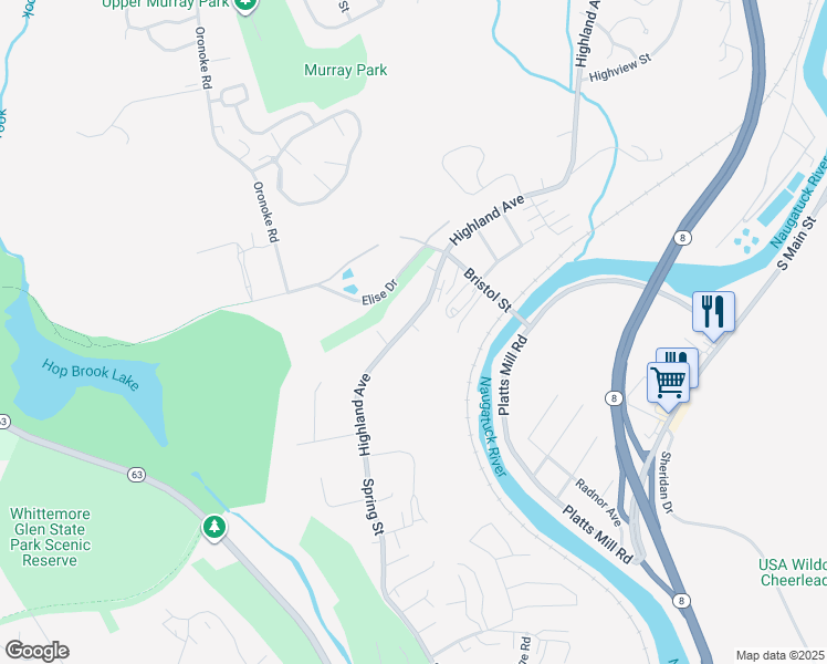 map of restaurants, bars, coffee shops, grocery stores, and more near 1576 Highland Avenue in Waterbury