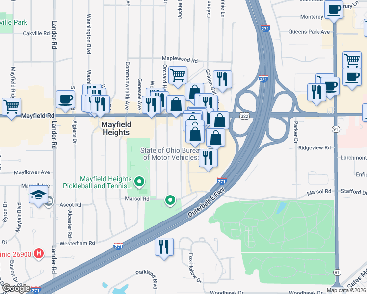 map of restaurants, bars, coffee shops, grocery stores, and more near 1541 Woodrow Avenue in Mayfield Heights