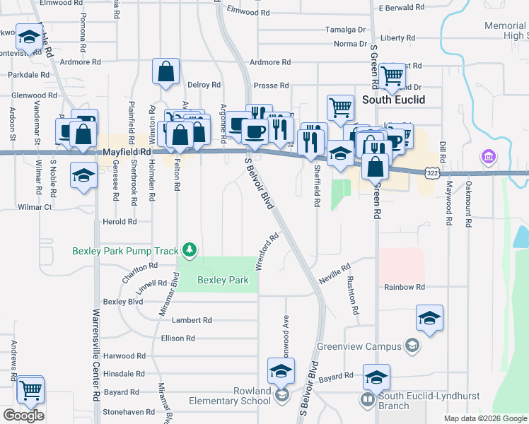 map of restaurants, bars, coffee shops, grocery stores, and more near 1520 South Belvoir Boulevard in South Euclid