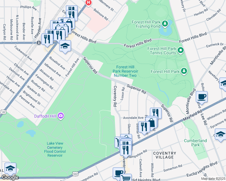 map of restaurants, bars, coffee shops, grocery stores, and more near 1502 Coventry Road in East Cleveland