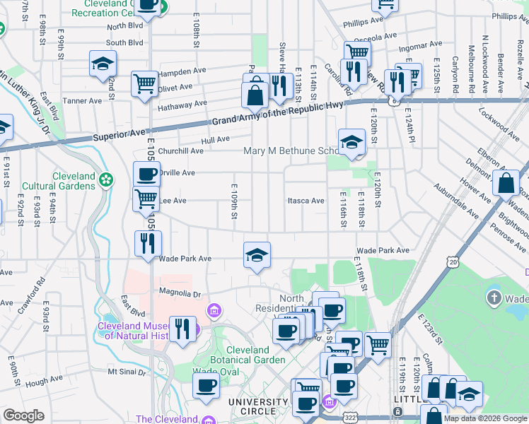 map of restaurants, bars, coffee shops, grocery stores, and more near 1437 East 110th Street in Cleveland