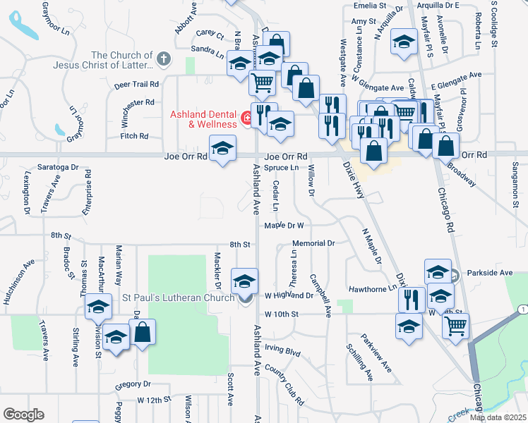 map of restaurants, bars, coffee shops, grocery stores, and more near 730 Cedar Lane in Chicago Heights