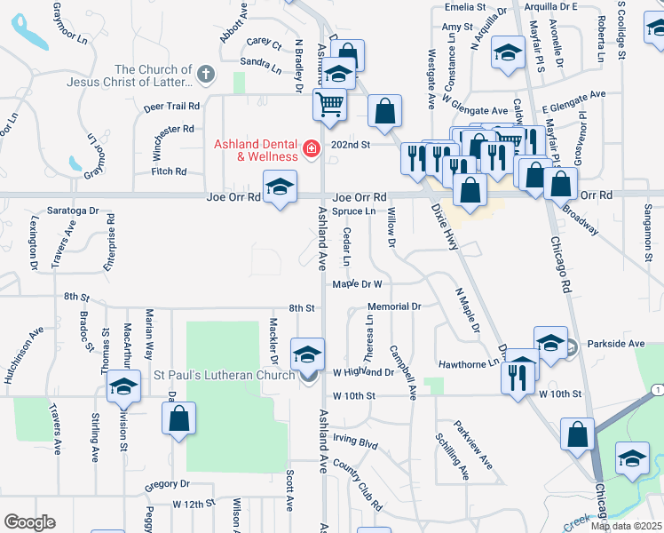 map of restaurants, bars, coffee shops, grocery stores, and more near 730 Cedar Lane in Chicago Heights