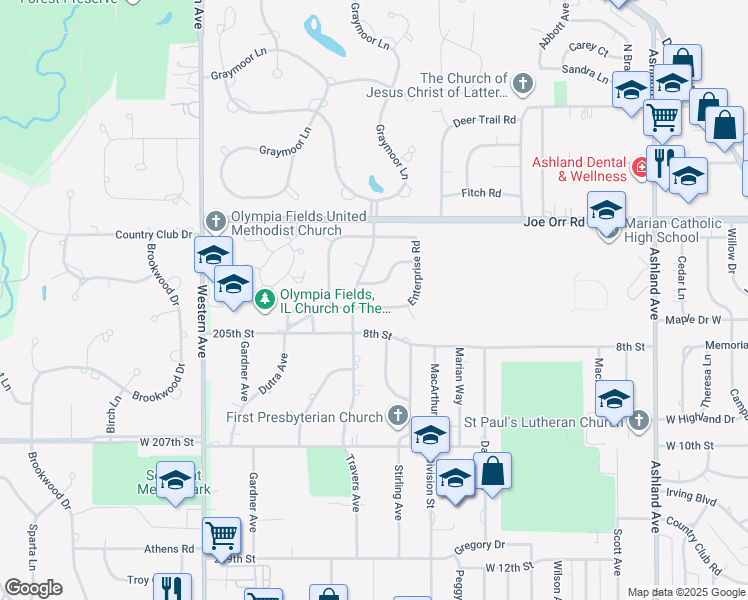 map of restaurants, bars, coffee shops, grocery stores, and more near 703 Travers Avenue in Chicago Heights