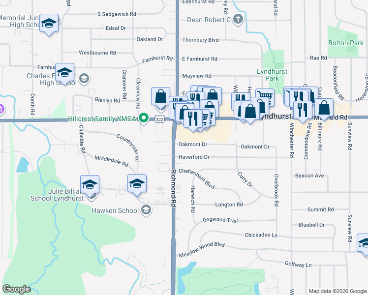 map of restaurants, bars, coffee shops, grocery stores, and more near 5084 Oakmont Drive in Lyndhurst