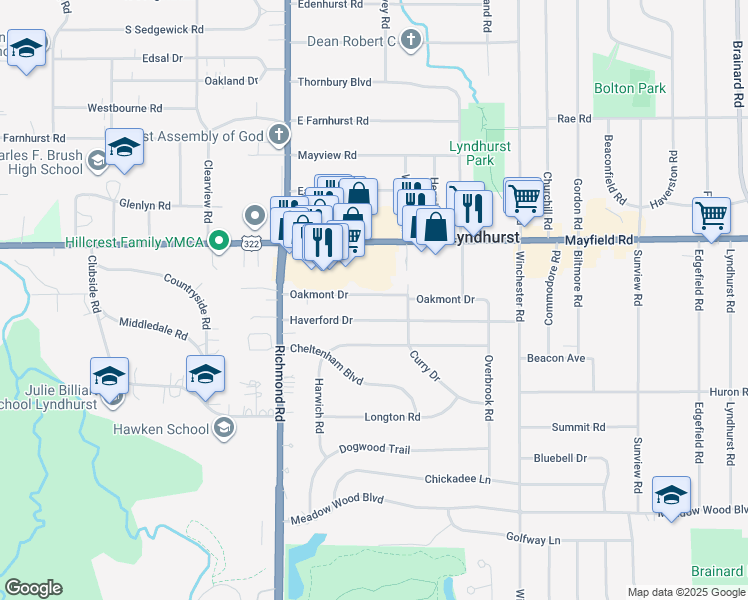 map of restaurants, bars, coffee shops, grocery stores, and more near 5165 Oakmont Drive in Lyndhurst