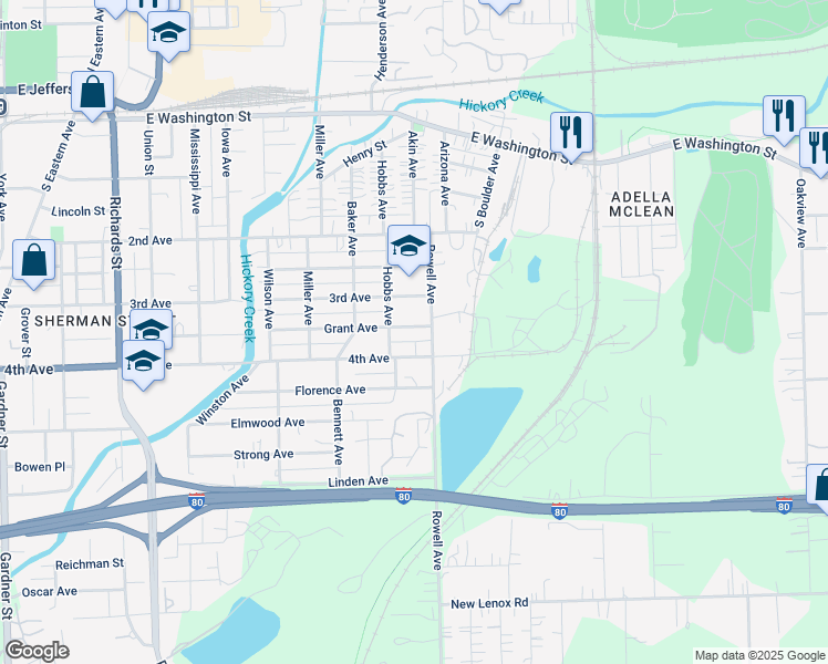 map of restaurants, bars, coffee shops, grocery stores, and more near 716 Grant Avenue in Joliet