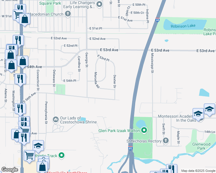 map of restaurants, bars, coffee shops, grocery stores, and more near 870 Marcella Road in Merrillville