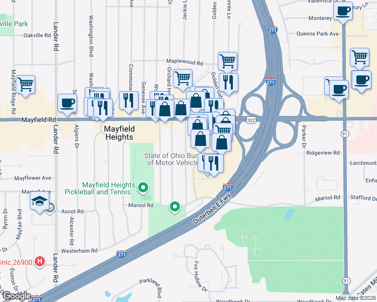 map of restaurants, bars, coffee shops, grocery stores, and more near 1541 Woodrow Avenue in Mayfield Heights