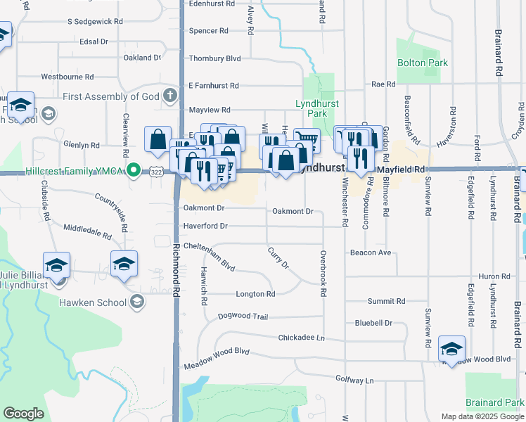 map of restaurants, bars, coffee shops, grocery stores, and more near 1536 Curry Drive in Lyndhurst