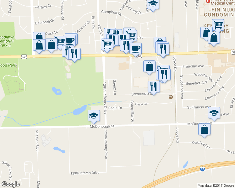 map of restaurants, bars, coffee shops, grocery stores, and more near 2651 Crescenzo Drive in Joliet