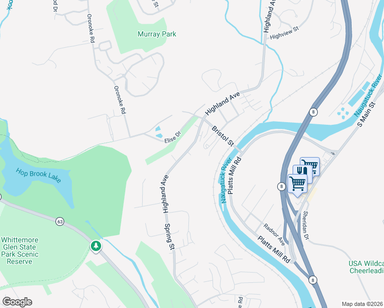 map of restaurants, bars, coffee shops, grocery stores, and more near 1576 Highland Avenue in Waterbury