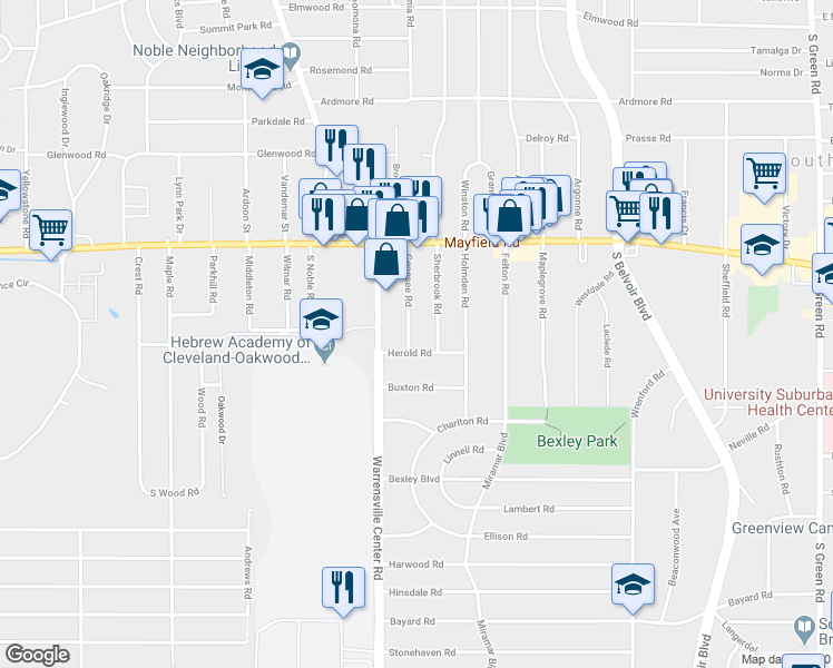 map of restaurants, bars, coffee shops, grocery stores, and more near 1520 Genesee Road in South Euclid