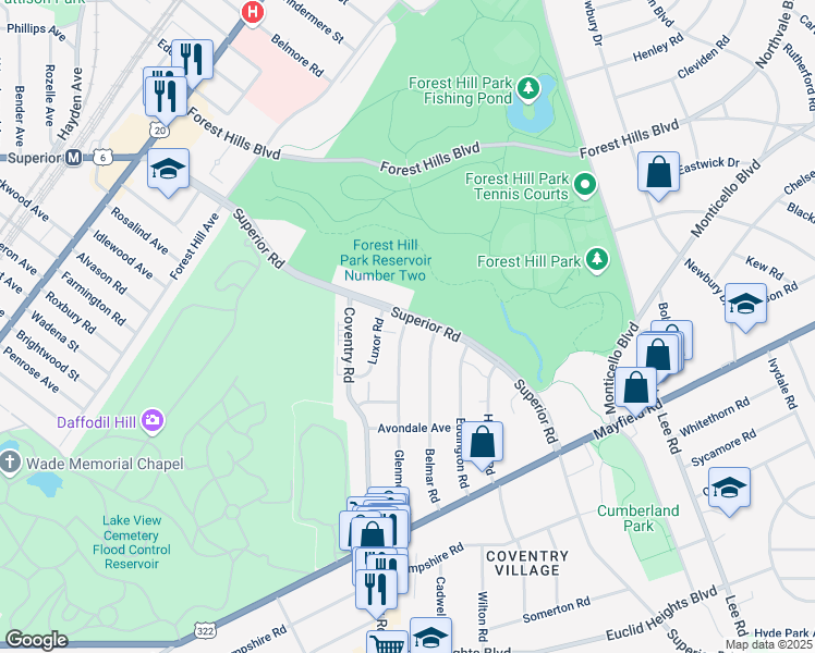 map of restaurants, bars, coffee shops, grocery stores, and more near in East Cleveland