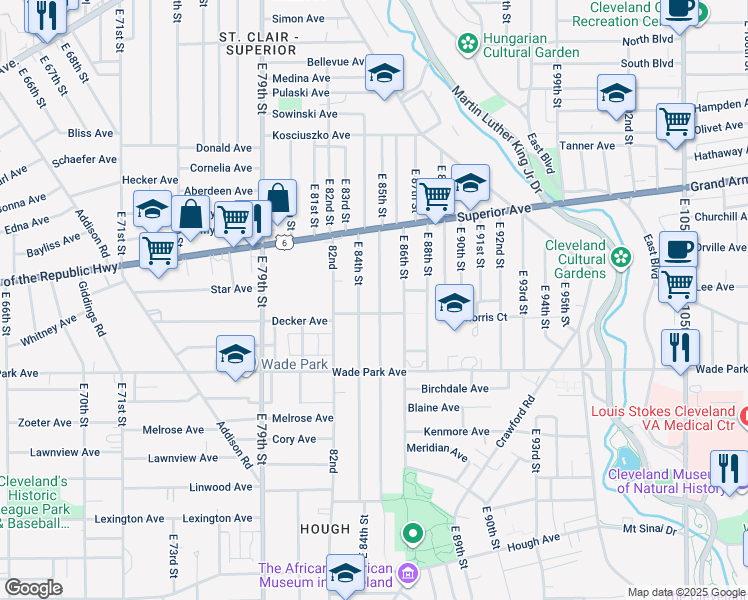 map of restaurants, bars, coffee shops, grocery stores, and more near 1365 East 85th Street in Cleveland