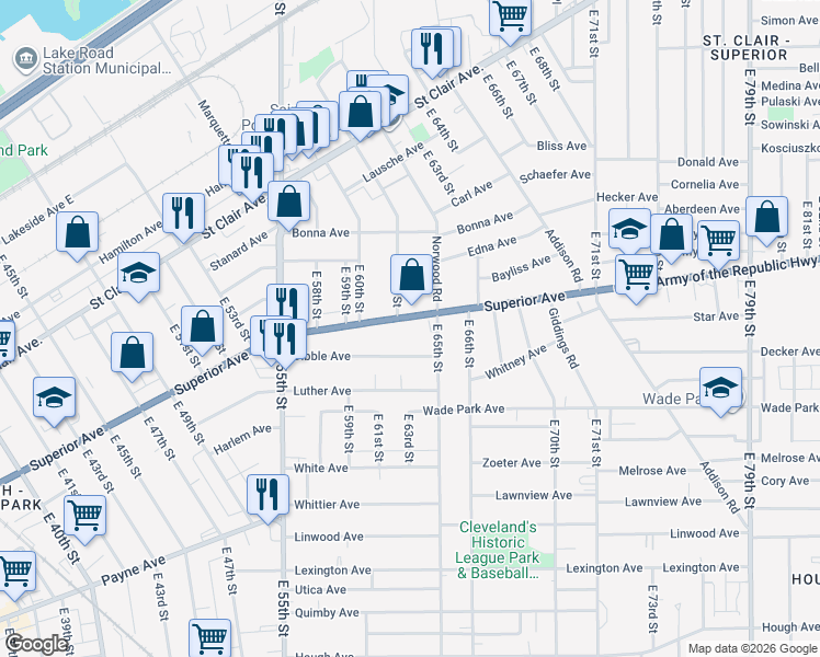 map of restaurants, bars, coffee shops, grocery stores, and more near in Cleveland