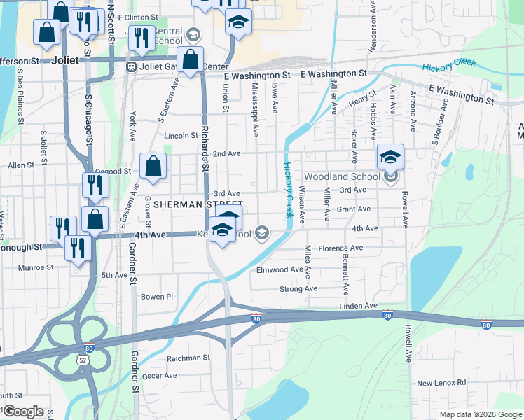 map of restaurants, bars, coffee shops, grocery stores, and more near 304 Mississippi Avenue in Joliet