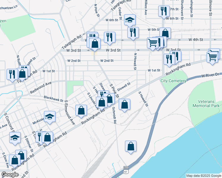 map of restaurants, bars, coffee shops, grocery stores, and more near 224 South Pine Street in Davenport