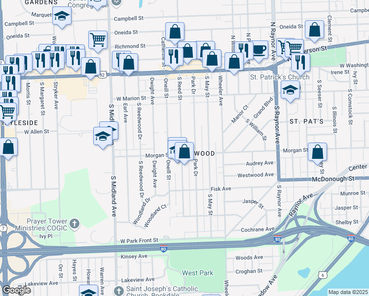 map of restaurants, bars, coffee shops, grocery stores, and more near 222 South Reed Street in Joliet