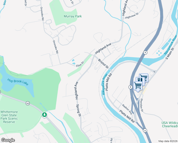 map of restaurants, bars, coffee shops, grocery stores, and more near 1576 Highland Avenue in Waterbury
