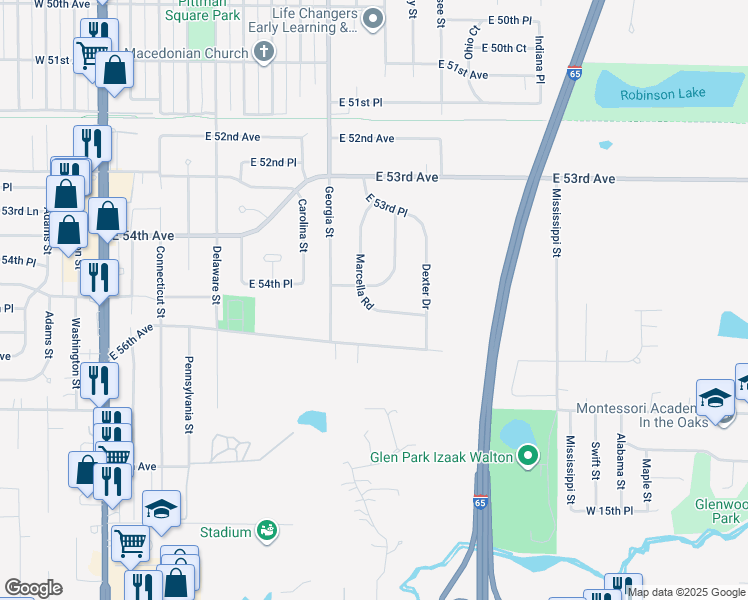map of restaurants, bars, coffee shops, grocery stores, and more near 5525 Marcella Road in Merrillville