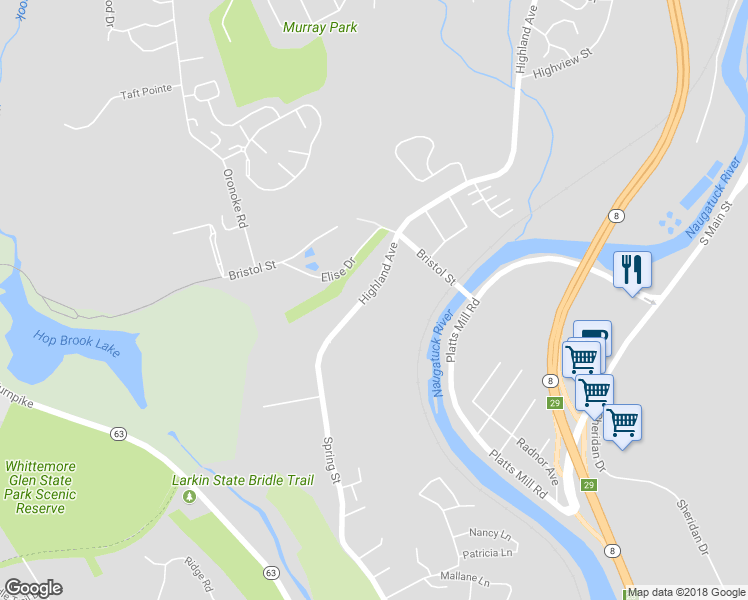 map of restaurants, bars, coffee shops, grocery stores, and more near 1575 Highland Avenue in Waterbury