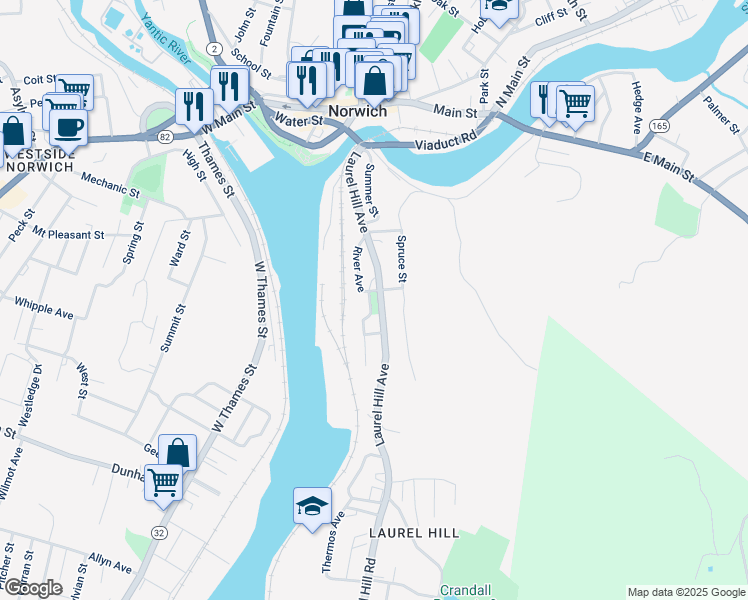 map of restaurants, bars, coffee shops, grocery stores, and more near 139 Connecticut 12 in Norwich