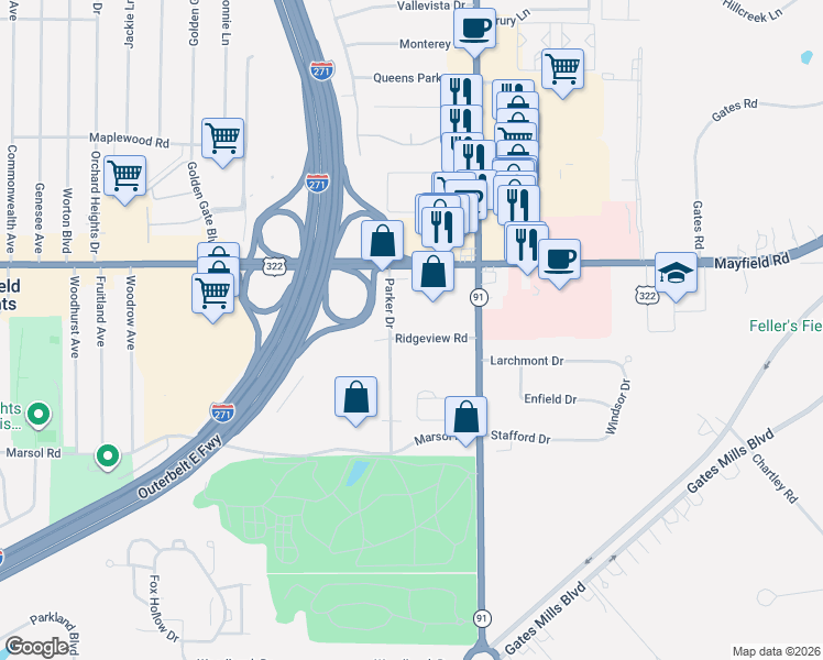map of restaurants, bars, coffee shops, grocery stores, and more near 6607 Ridgeview Road in Mayfield Heights