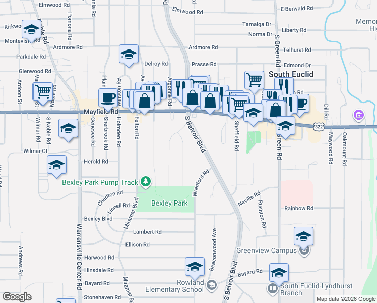 map of restaurants, bars, coffee shops, grocery stores, and more near 1520 South Belvoir Boulevard in South Euclid