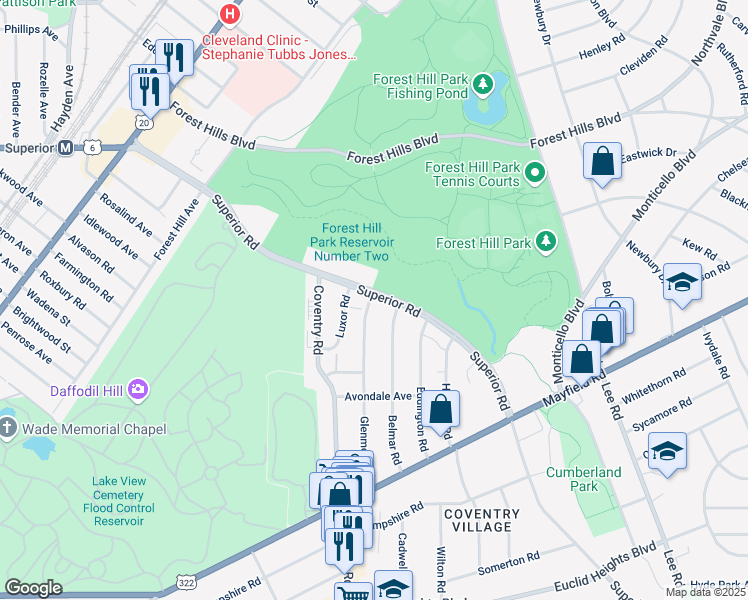 map of restaurants, bars, coffee shops, grocery stores, and more near in East Cleveland