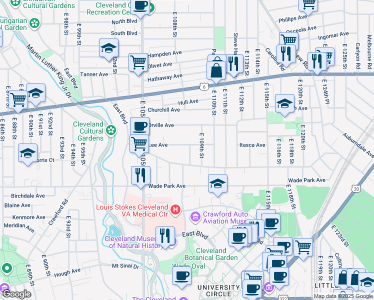 map of restaurants, bars, coffee shops, grocery stores, and more near 10732 Lee Avenue in Cleveland