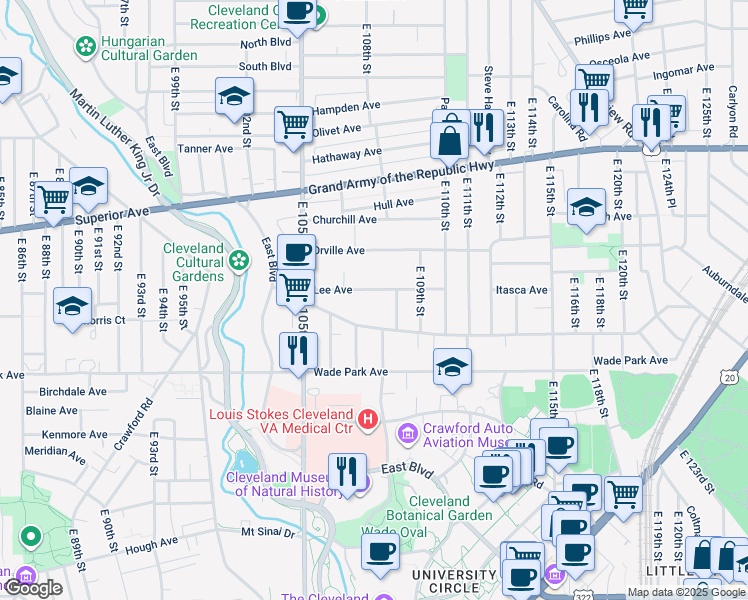 map of restaurants, bars, coffee shops, grocery stores, and more near 10732 Lee Avenue in Cleveland