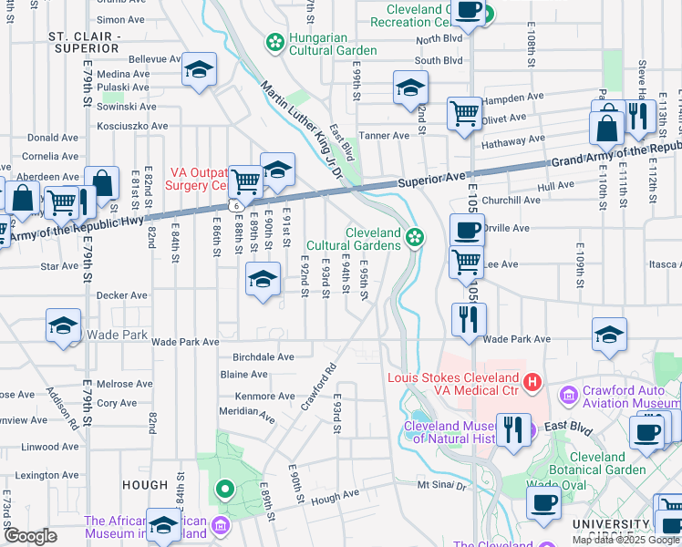map of restaurants, bars, coffee shops, grocery stores, and more near 1393 East 94th Street in Cleveland