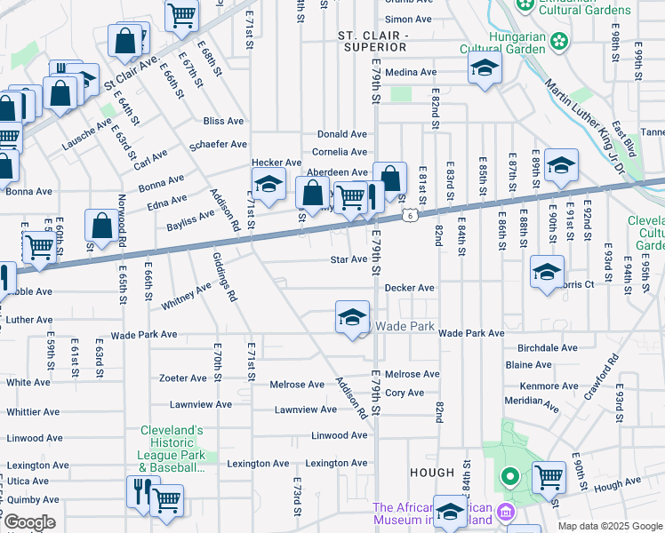 map of restaurants, bars, coffee shops, grocery stores, and more near 7609 Star Avenue in Cleveland