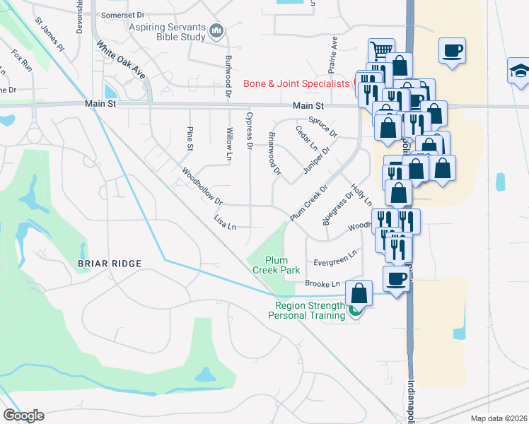 map of restaurants, bars, coffee shops, grocery stores, and more near 1100-1198 Woodhollow Drive in Schererville