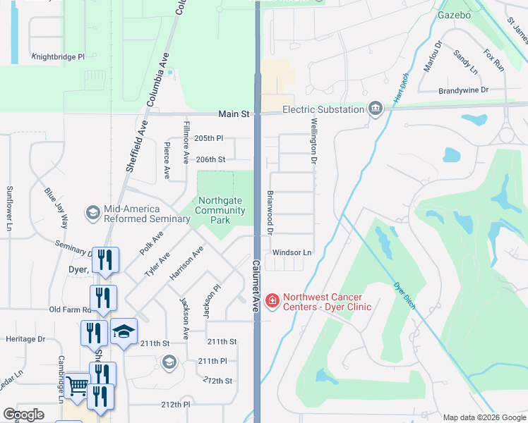 map of restaurants, bars, coffee shops, grocery stores, and more near 718 Briarwood Dr in Dyer