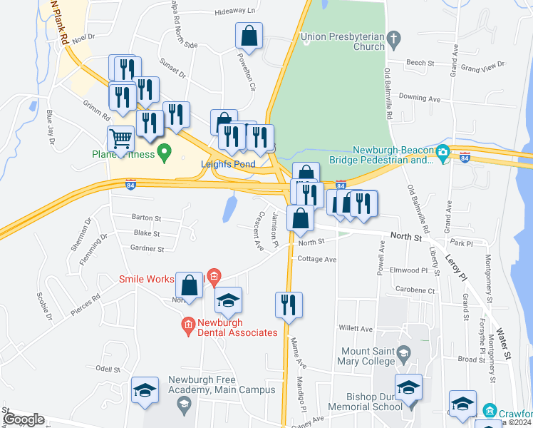 map of restaurants, bars, coffee shops, grocery stores, and more near 7 Crescent Avenue in Newburgh