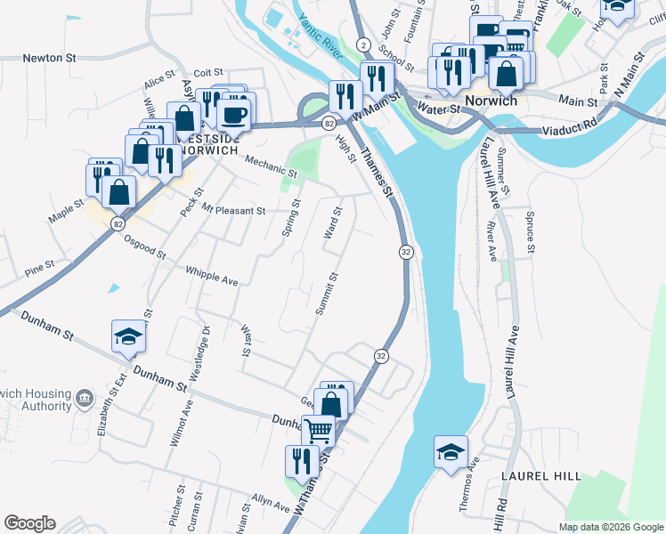 map of restaurants, bars, coffee shops, grocery stores, and more near 129 Summit Street in Norwich