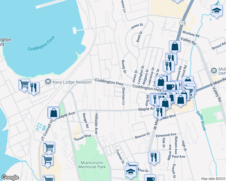map of restaurants, bars, coffee shops, grocery stores, and more near 16 Bayview Park in Middletown